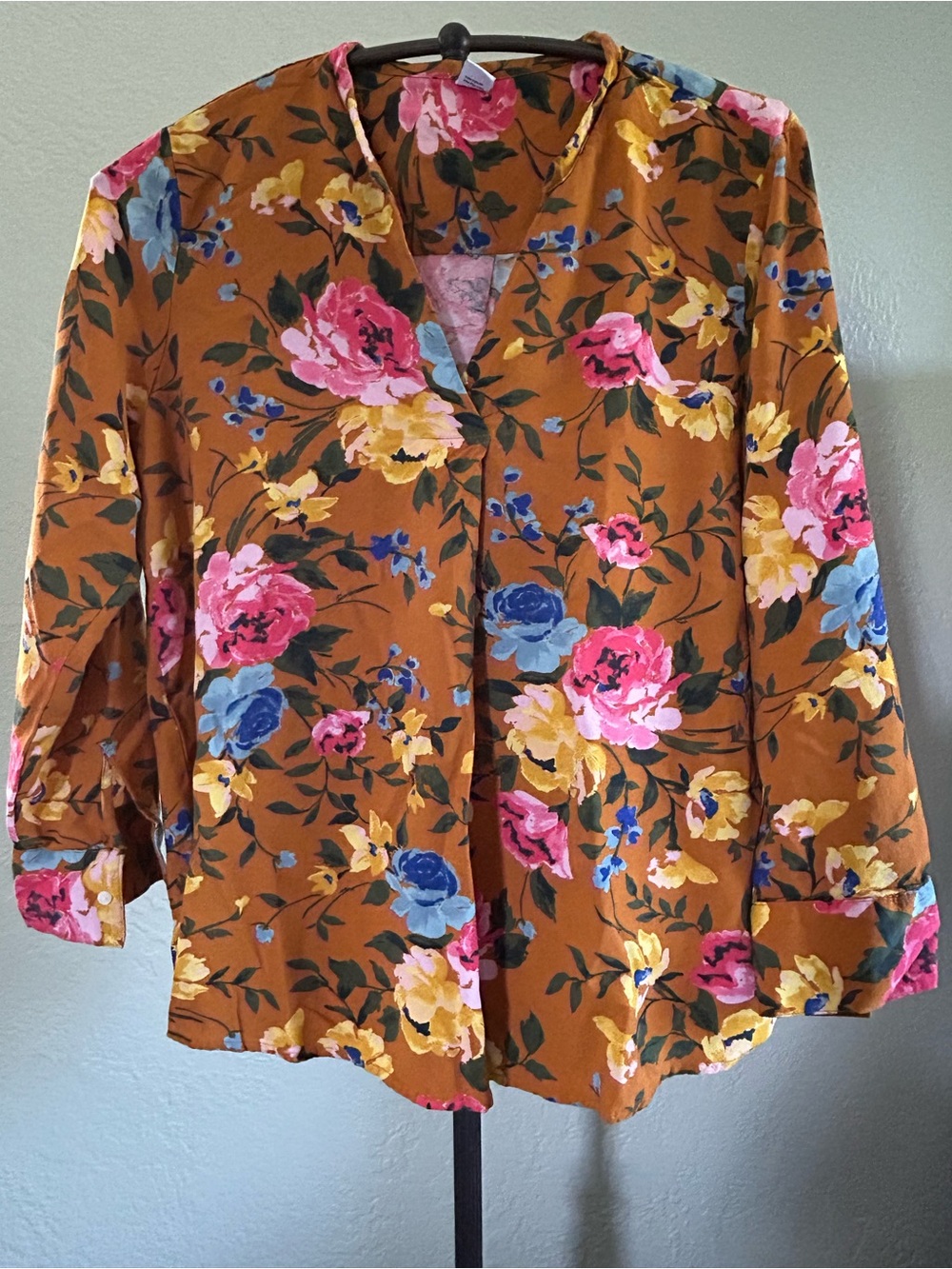 Old Navy Floral V-Neck Blouse in Mustard with Pink & Blue Flowers